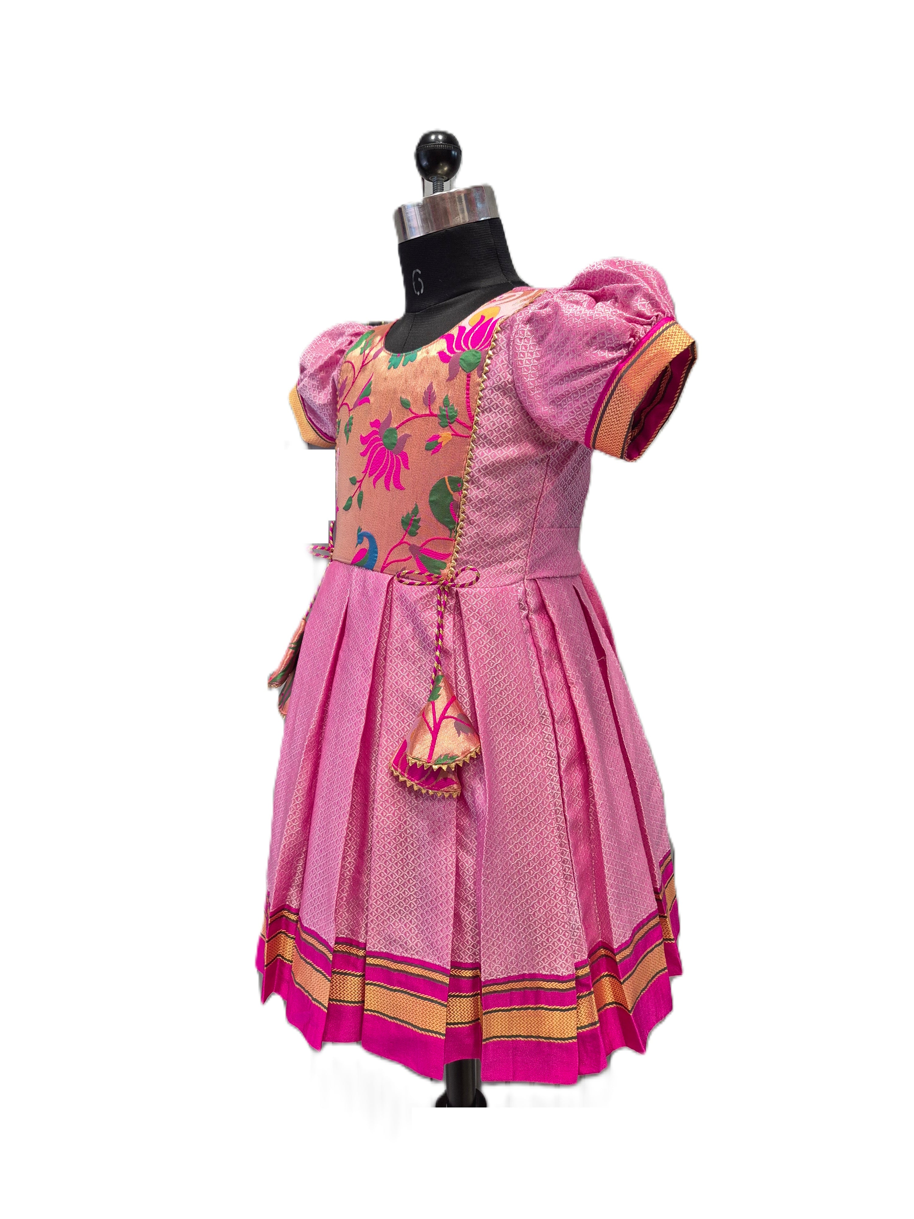 Baby pink traditional Khun knee length frock with peach floral peacock yoke - House of Kritee