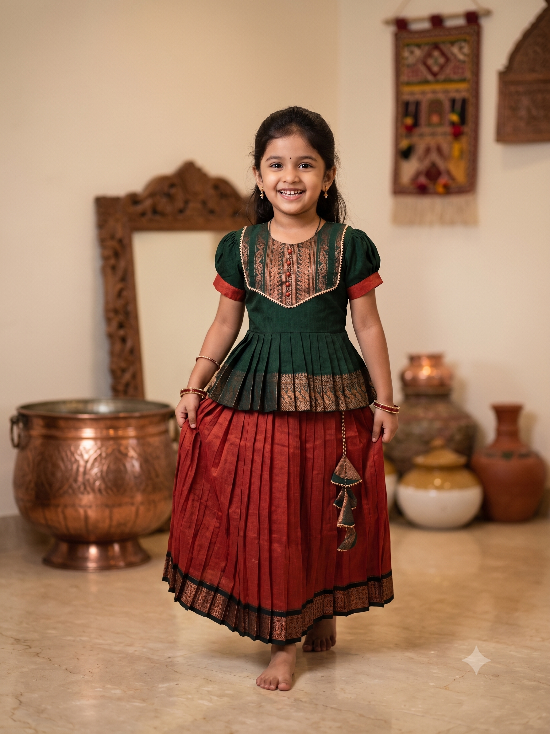 A Desi girl model smiling happily in a vibrant green and red Kalyani Gadhawal Parkar-polka traditional dress inside a soft cream room - House of Kritee