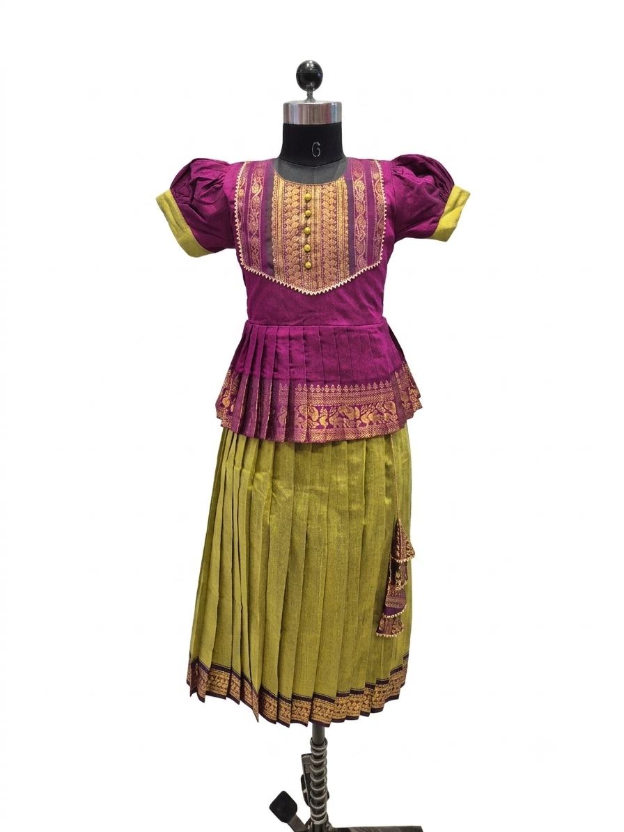 A traditional two-piece outfit displayed on a mannequin, featuring a magenta purple short-sleeve top with gold embroidery and a matching pleated olive green skirt with gold and brown borders. - House of Kritee