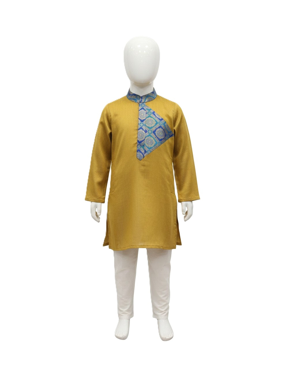 Mustard Yellow Kurta Set with Blue and Gold Diamond Yoke