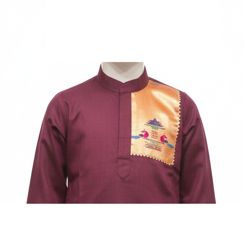 Rich Maroon Kurta Set with Nature Motif Patchwork and Tan Pajama