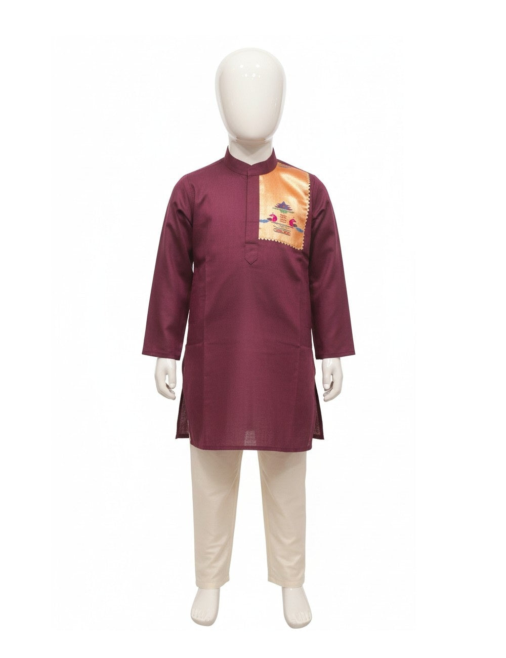 Rich Maroon Kurta Set with Nature Motif Patchwork and Tan Pajama