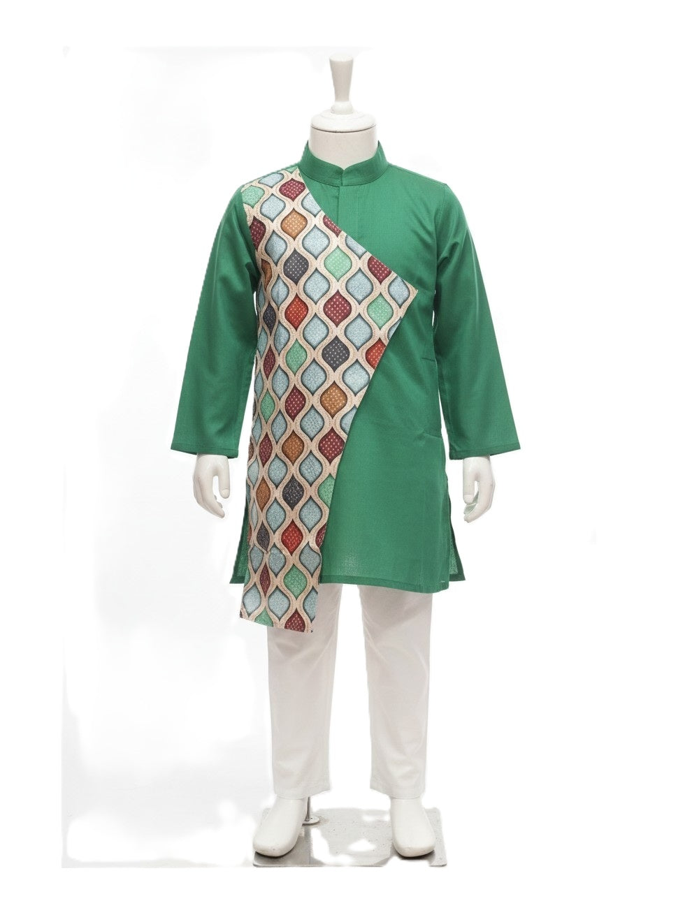 Asymmetric Lattice Panel Kurta Pajama Set in Vibrant Green