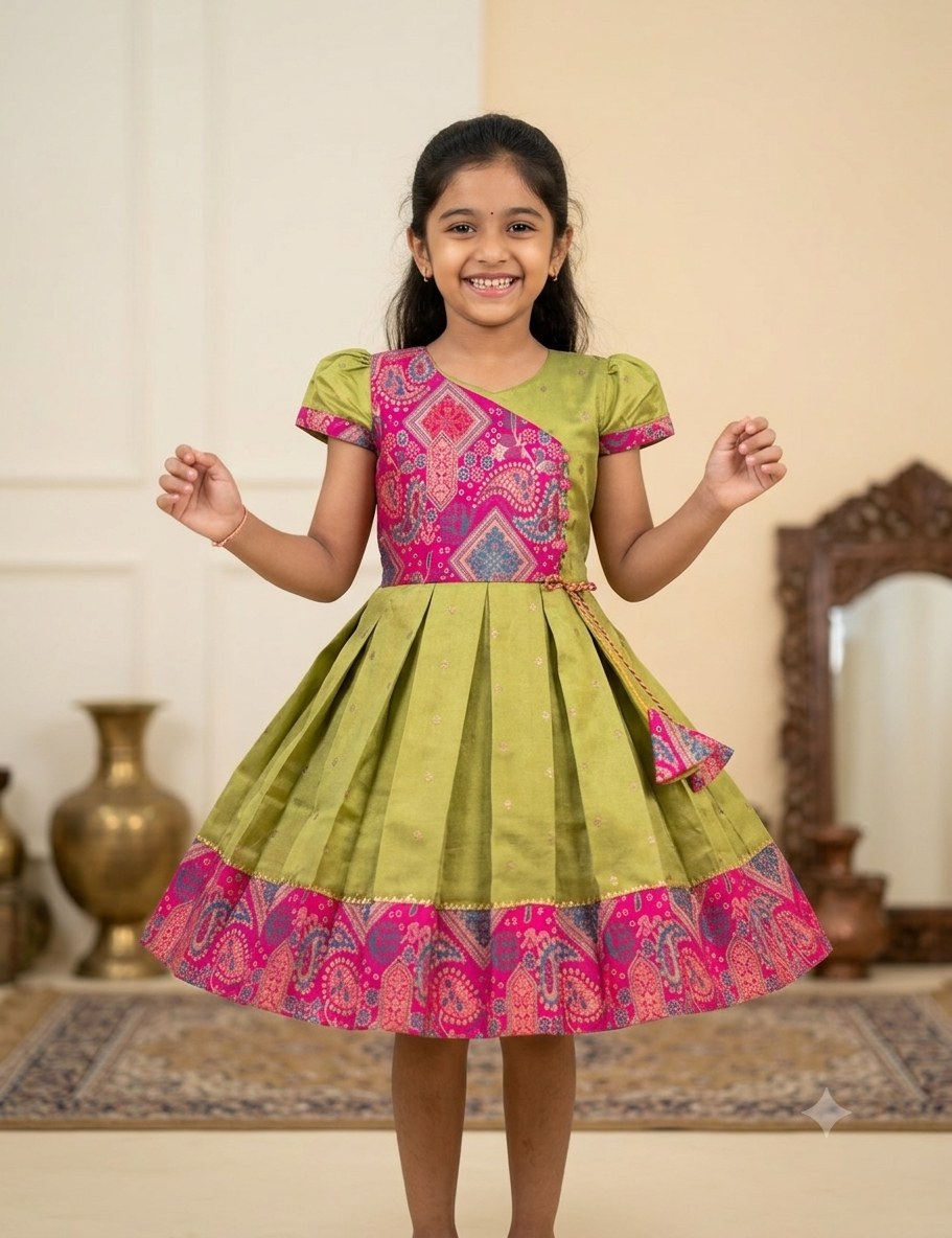 Happy Desi girl model wearing an olive green and magenta pink silk knee length ethnic frock - House of Kritee