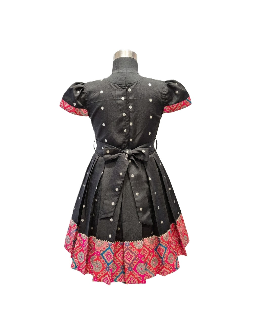 Black and Fuchsia Silk Frock with Gold Butti Work