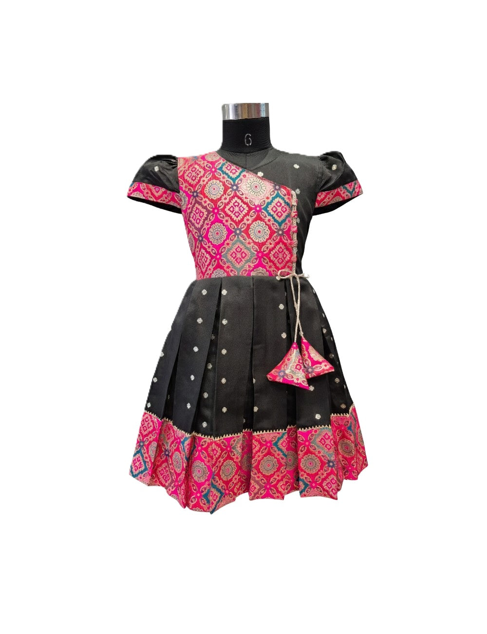 Black and Fuchsia Silk Frock with Gold Butti Work