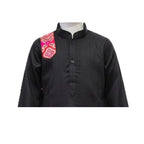 Black Kurta Pajama Set with Tan Bottoms and Pink Geometric Accents