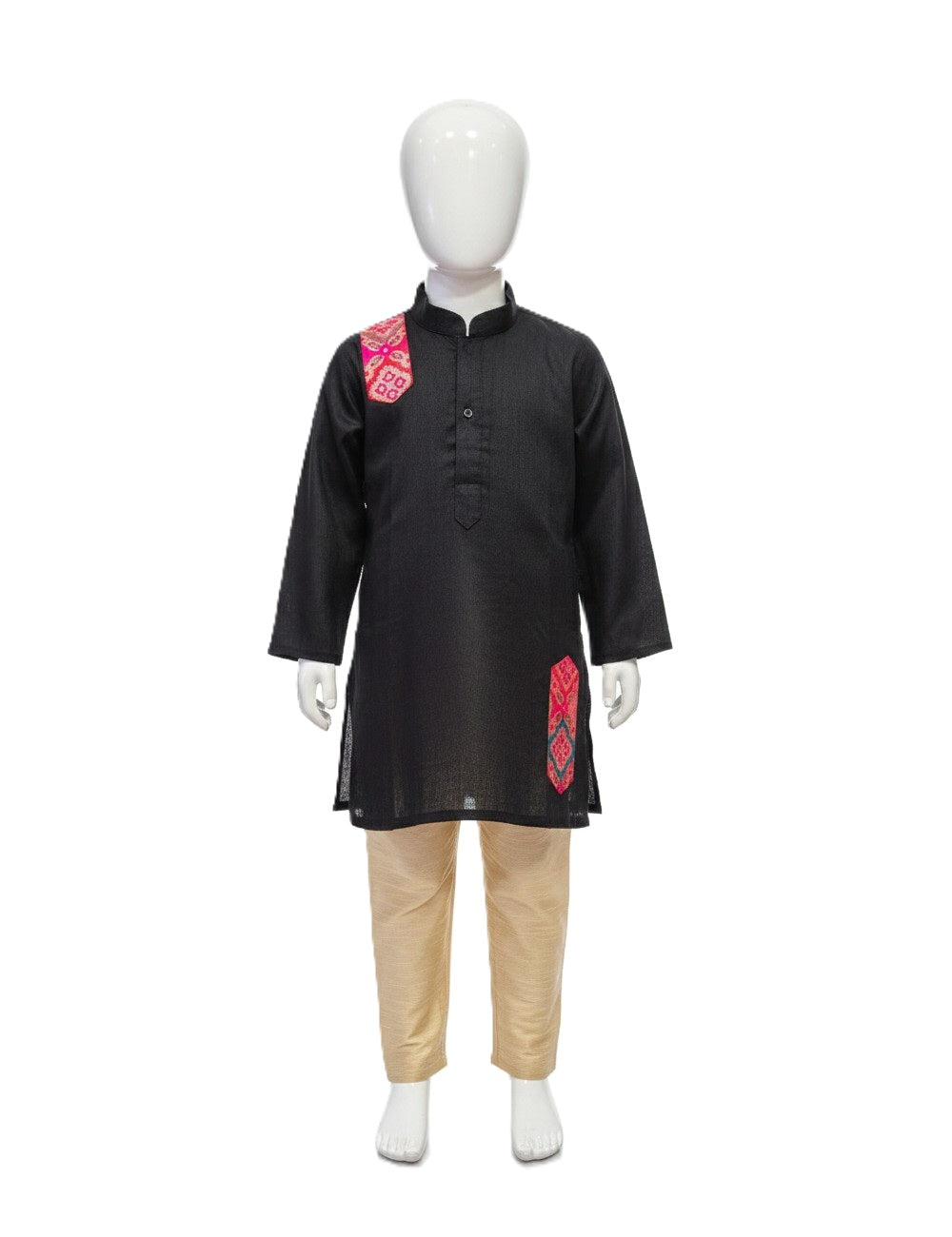 Black Kurta Pajama Set with Tan Bottoms and Pink Geometric Accents