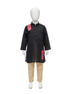 Black Kurta Pajama Set with Tan Bottoms and Pink Geometric Accents
