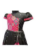 Black and Fuchsia Silk Frock with Gold Butti Work