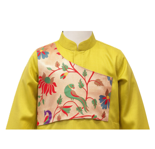 Floral Motif Kurta Set with Asymmetric Brocade Yoke