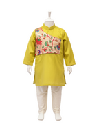 Floral Motif Kurta Set with Asymmetric Brocade Yoke
