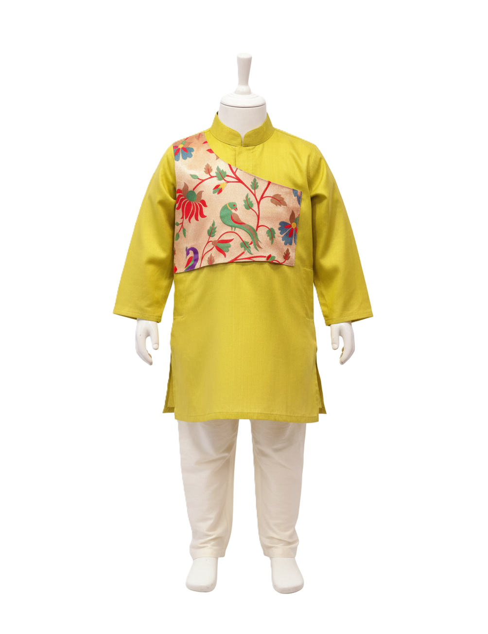 Floral Motif Kurta Set with Asymmetric Brocade Yoke
