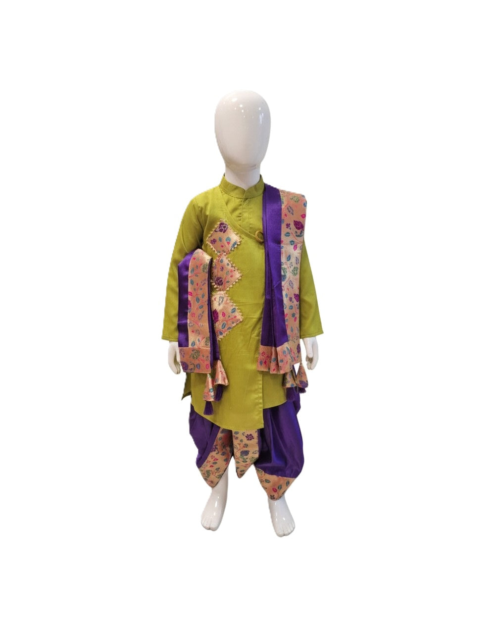 Regal Lime Green & Purple Silk Kids' Kurta Dhoti Set