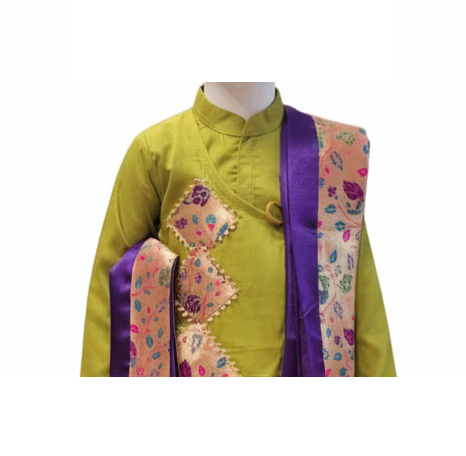 Regal Lime Green & Purple Silk Kids' Kurta Dhoti Set