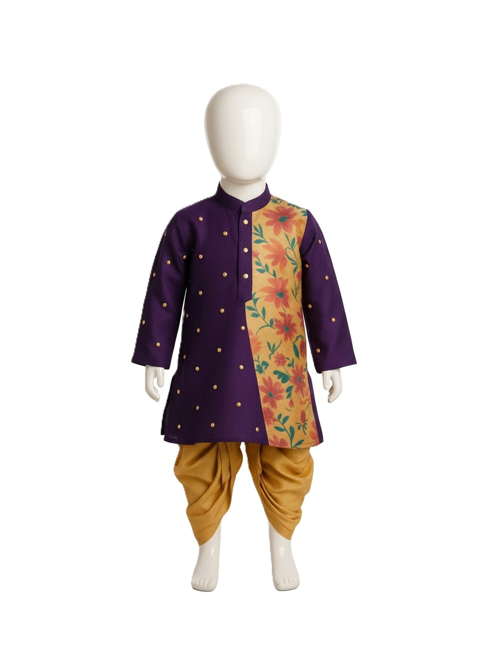 Regal Purple & Gold Floral Panel Kids' Kurta Set