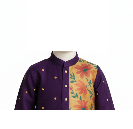 Regal Purple & Gold Floral Panel Kids' Kurta Set