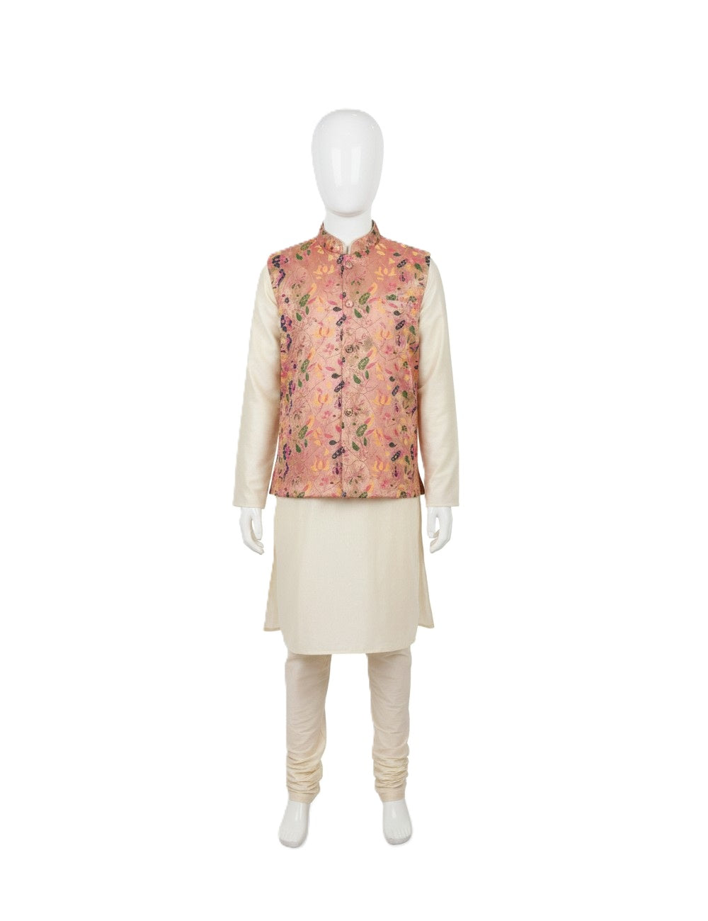 Ivory & Pink Embroidered Silk Blend Kurta Jacket Set