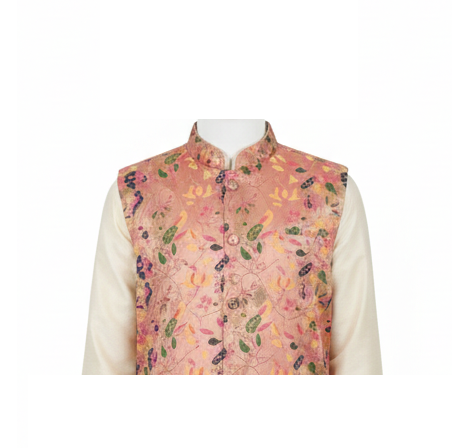Ivory & Pink Embroidered Silk Blend Kurta Jacket Set