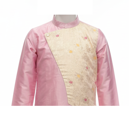 Soft Pink & Cream Floral Brocade Kids' Kurta Dhoti Set