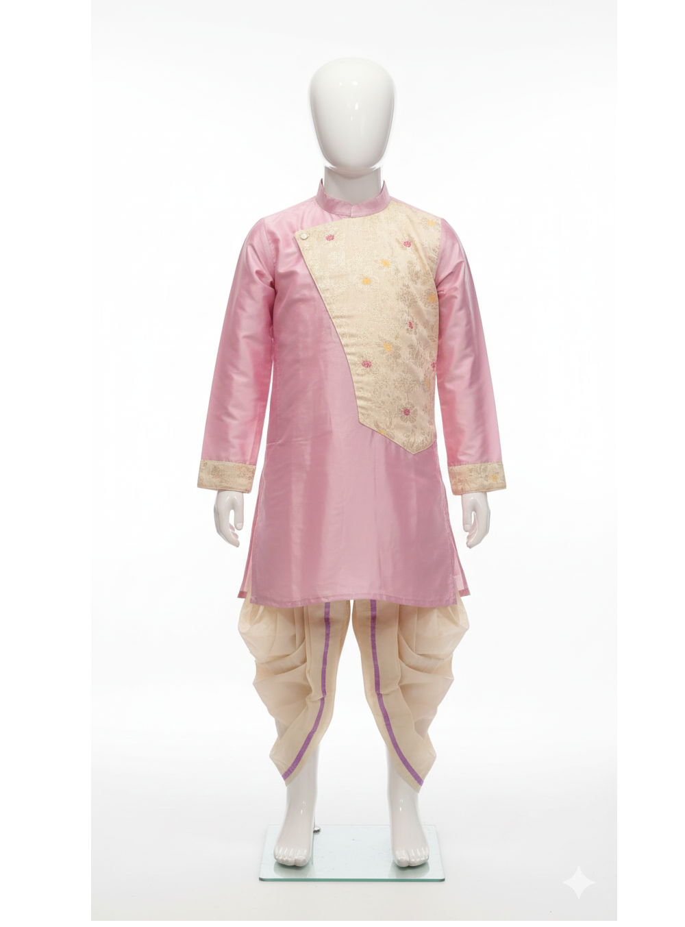 Soft Pink & Cream Floral Brocade Kids' Kurta Dhoti Set