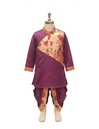 Regal Plum & Gold Peacock Print Kids' Kurta Dhoti Set