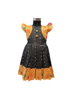Elegant Black Silk Frock with Orange Brocade and Gold Butta