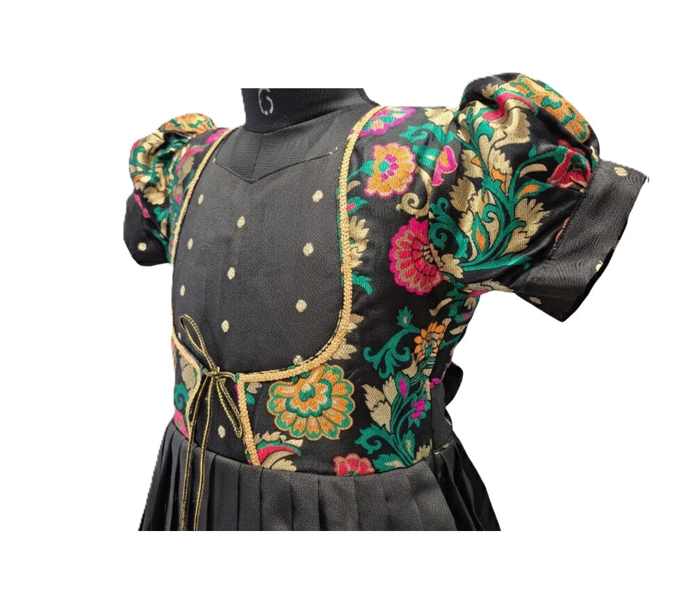 Girls' Elegant Black Silk frock with Attached Floral Brocade Koti Jacket
