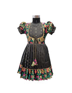 Girls' Elegant Black Silk frock with Attached Floral Brocade Koti Jacket