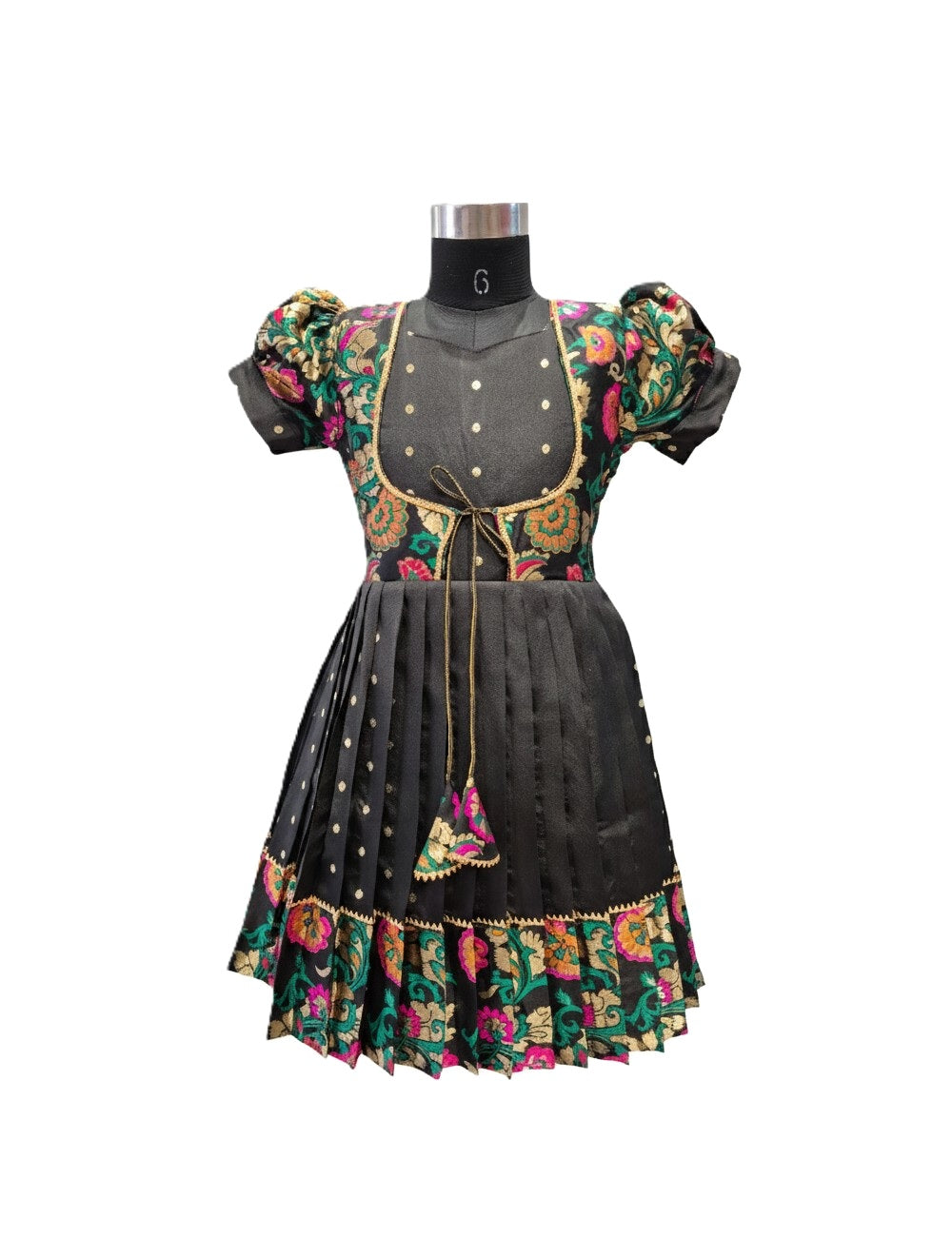 Girls' Elegant Black Silk frock with Attached Floral Brocade Koti Jacket