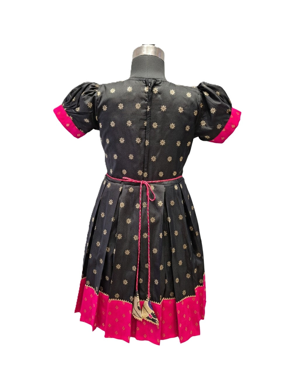 Designer Black Silk Frock with Gold Zari Yoke and Pink Brocade Detail