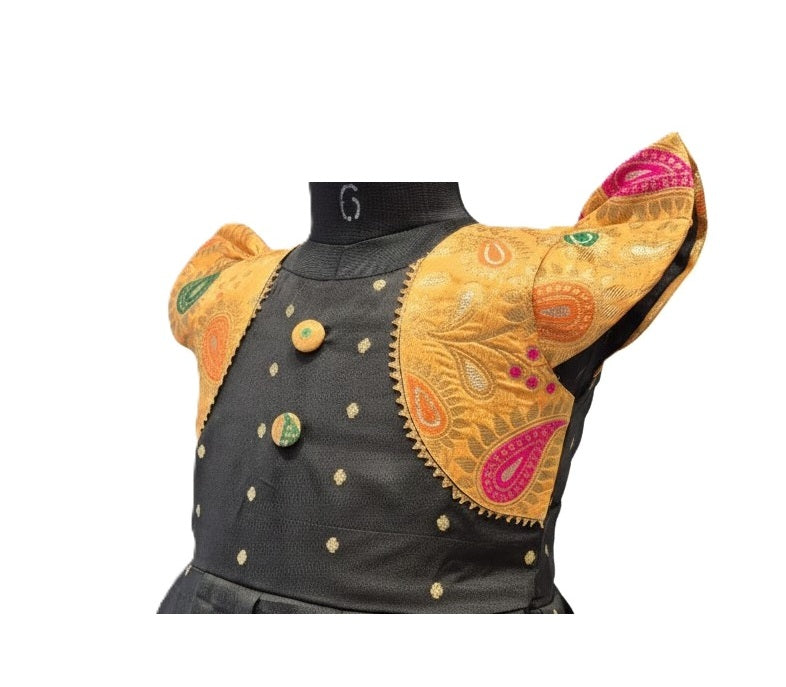 Elegant Black Silk Frock with Orange Brocade and Gold Butta