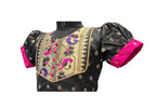 Designer Black Silk Frock with Gold Zari Yoke and Pink Brocade Detail
