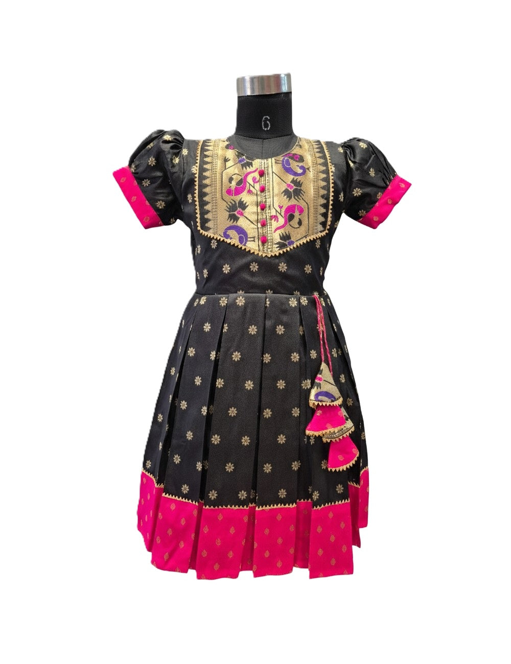 Designer Black Silk Frock with Gold Zari Yoke and Pink Brocade Detail