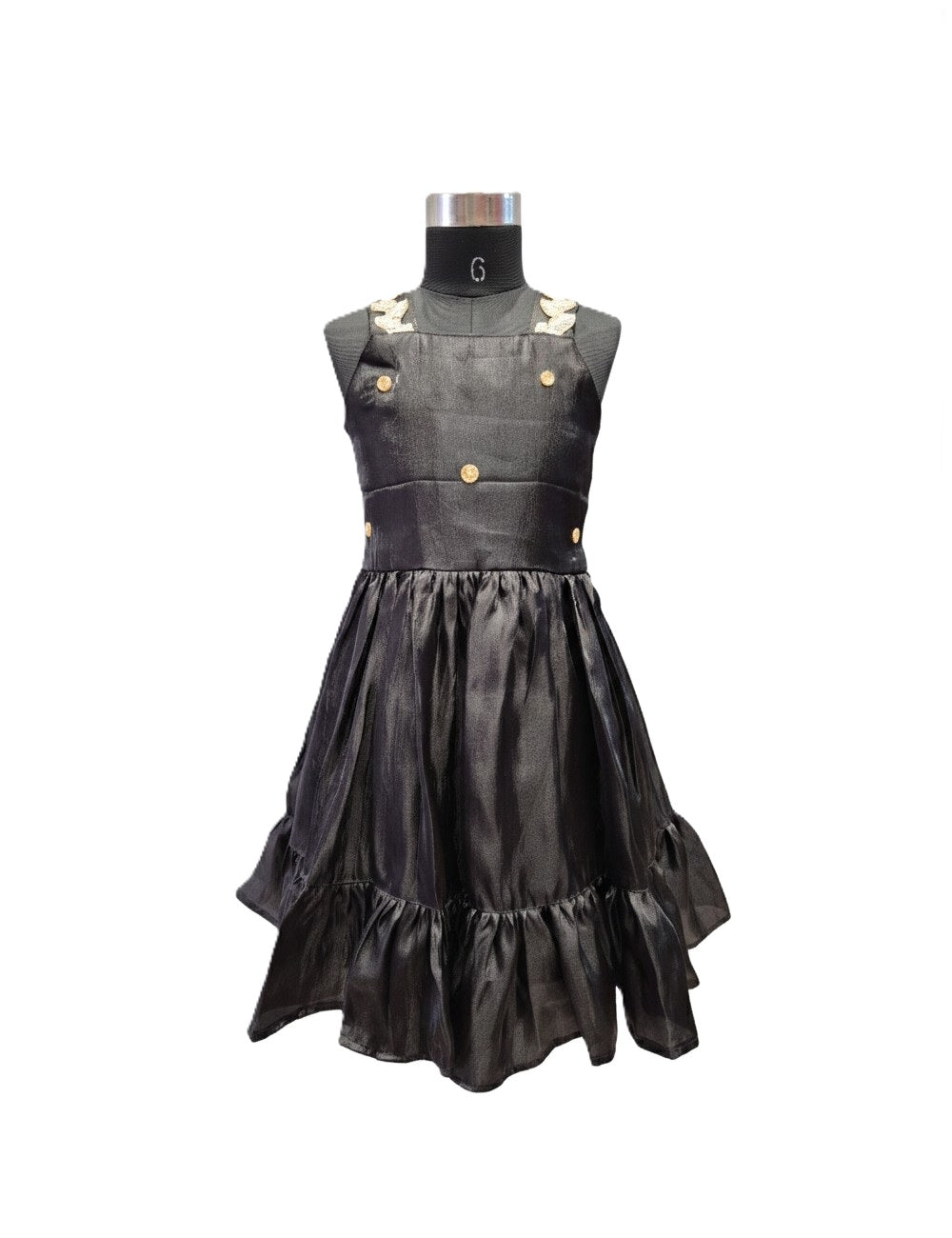 Elegant Black Silk Knee-Length Party Frock with Gold Embellishments