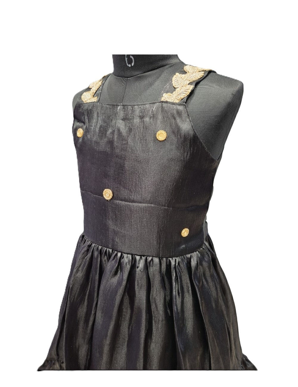 Elegant Black Silk Knee-Length Party Frock with Gold Embellishments