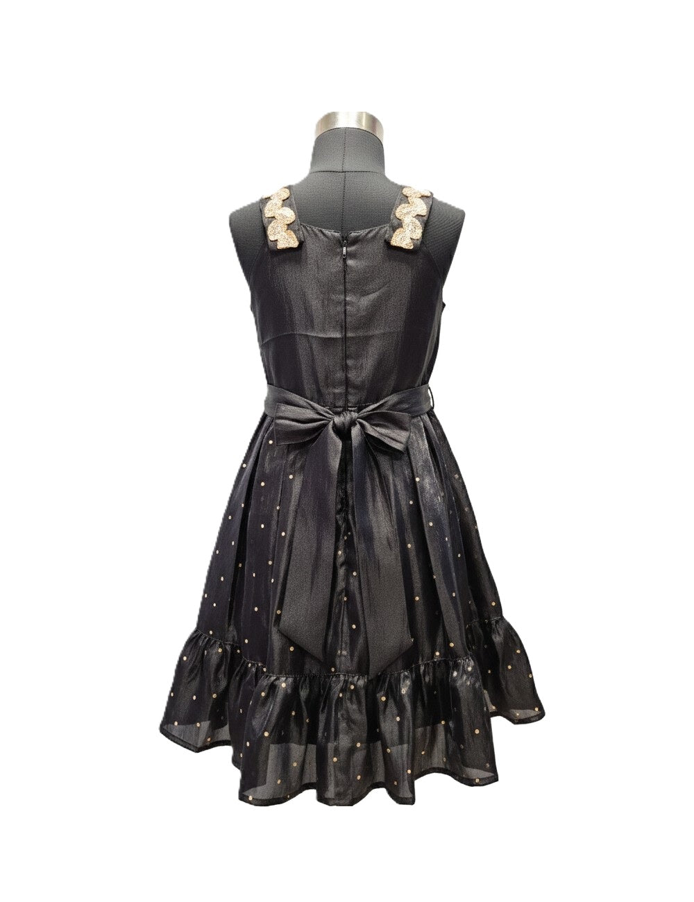 Elegant Black Silk Knee-Length Party Frock with Gold Embellishments