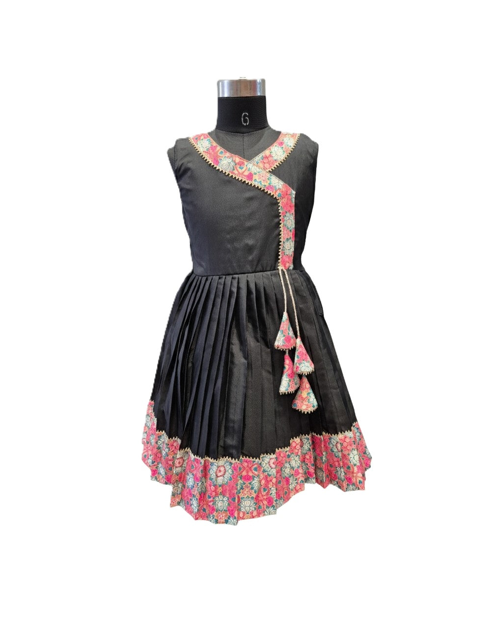 Black Angrakha Style Frock with Floral Print Trim and Tassels