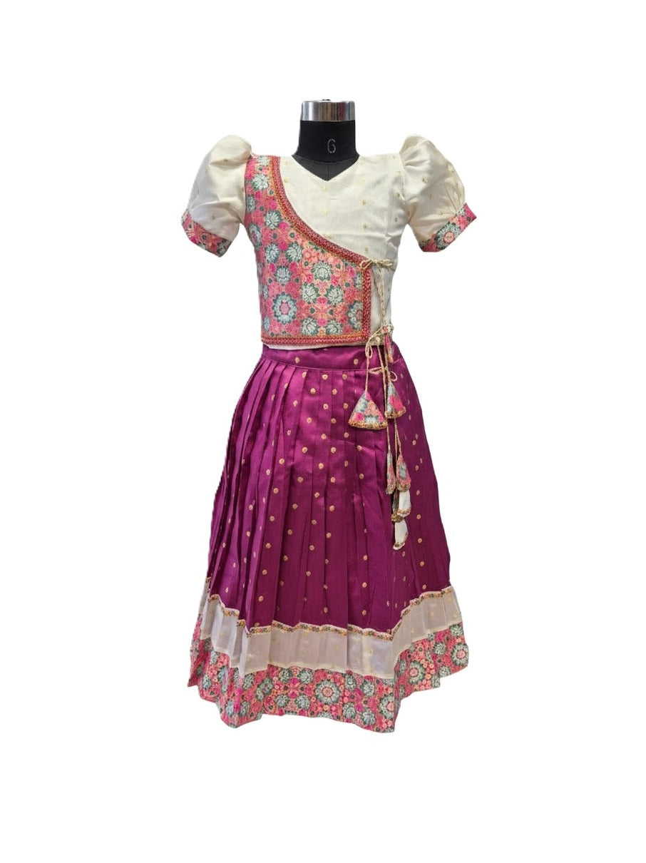 Ethnic Floral Print Wrap Blouse and Zari Butti Lehenga Set for Kids