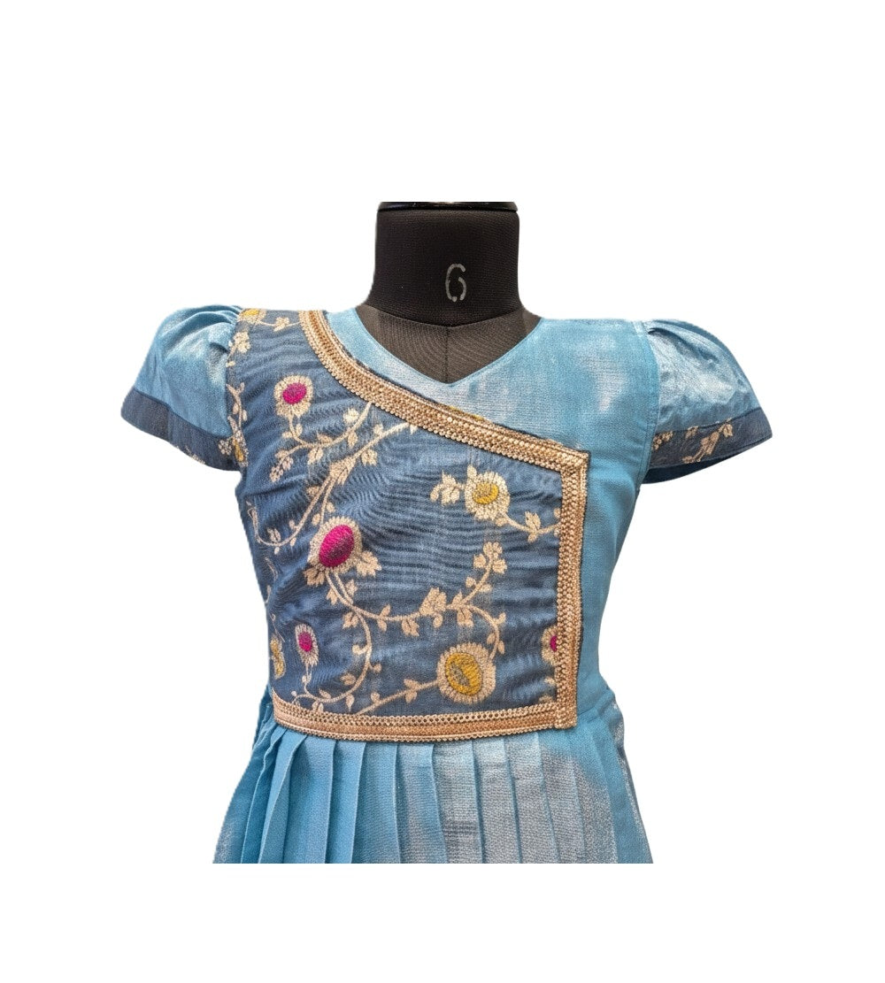 Girls' Sky Blue & Steel Blue Angrakha Style Ethnic Dress with Floral Embroidery