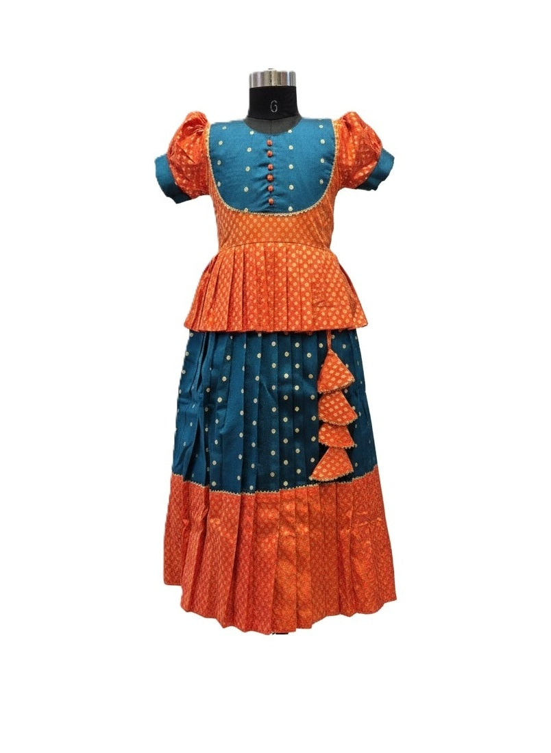 Girls' Teal & Orange Silk Peplum Lehenga Set with Gold Butti and Tiered Tassels