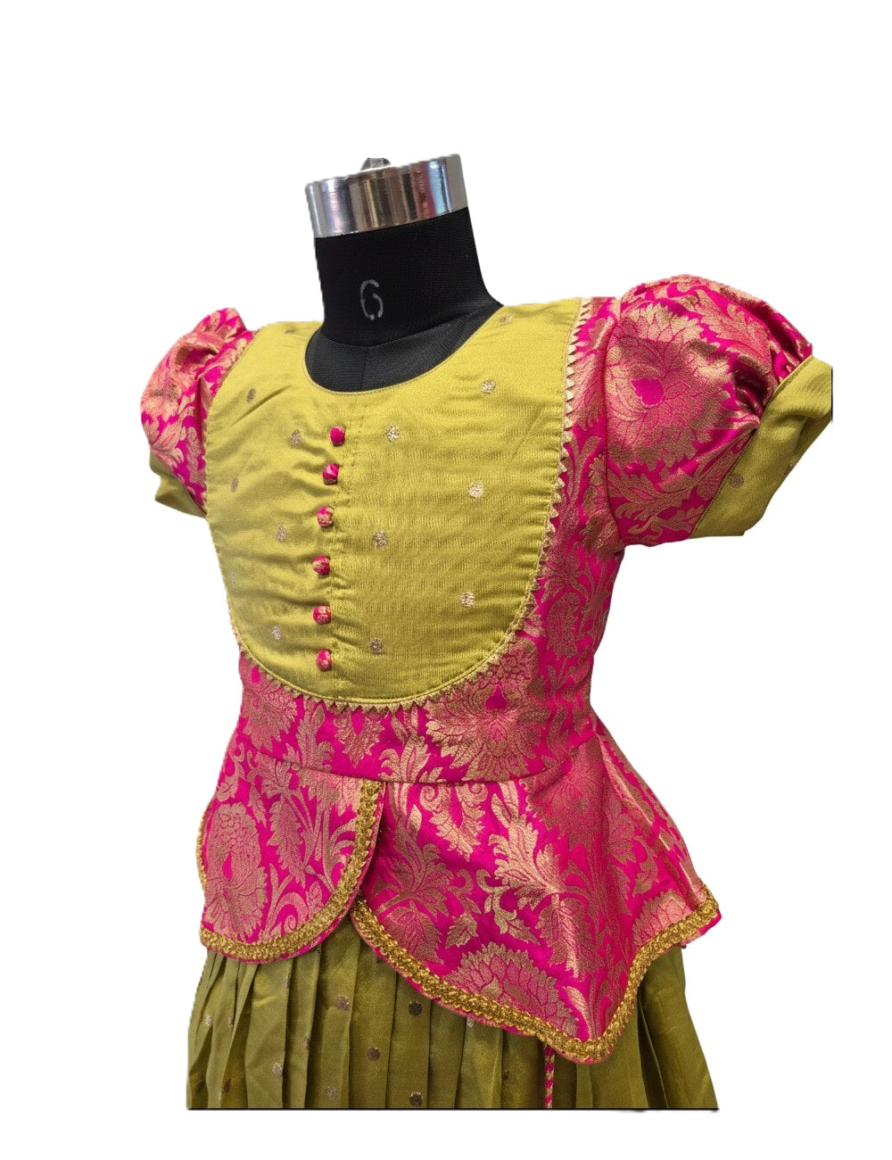 Girls' Mustard Yellow & Hot Pink Silk Peplum Lehenga Set with Rich Zari Brocade