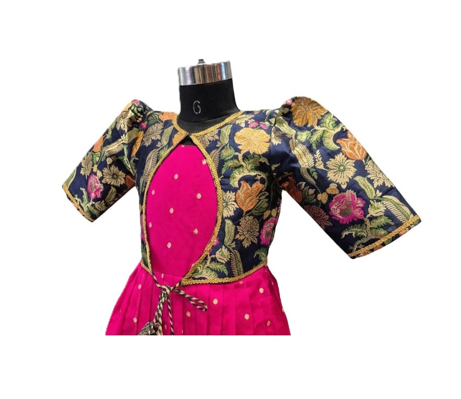 Girls' Designer Hot Pink Silk Lehenga Set with Removable Navy Floral Brocade Jacket