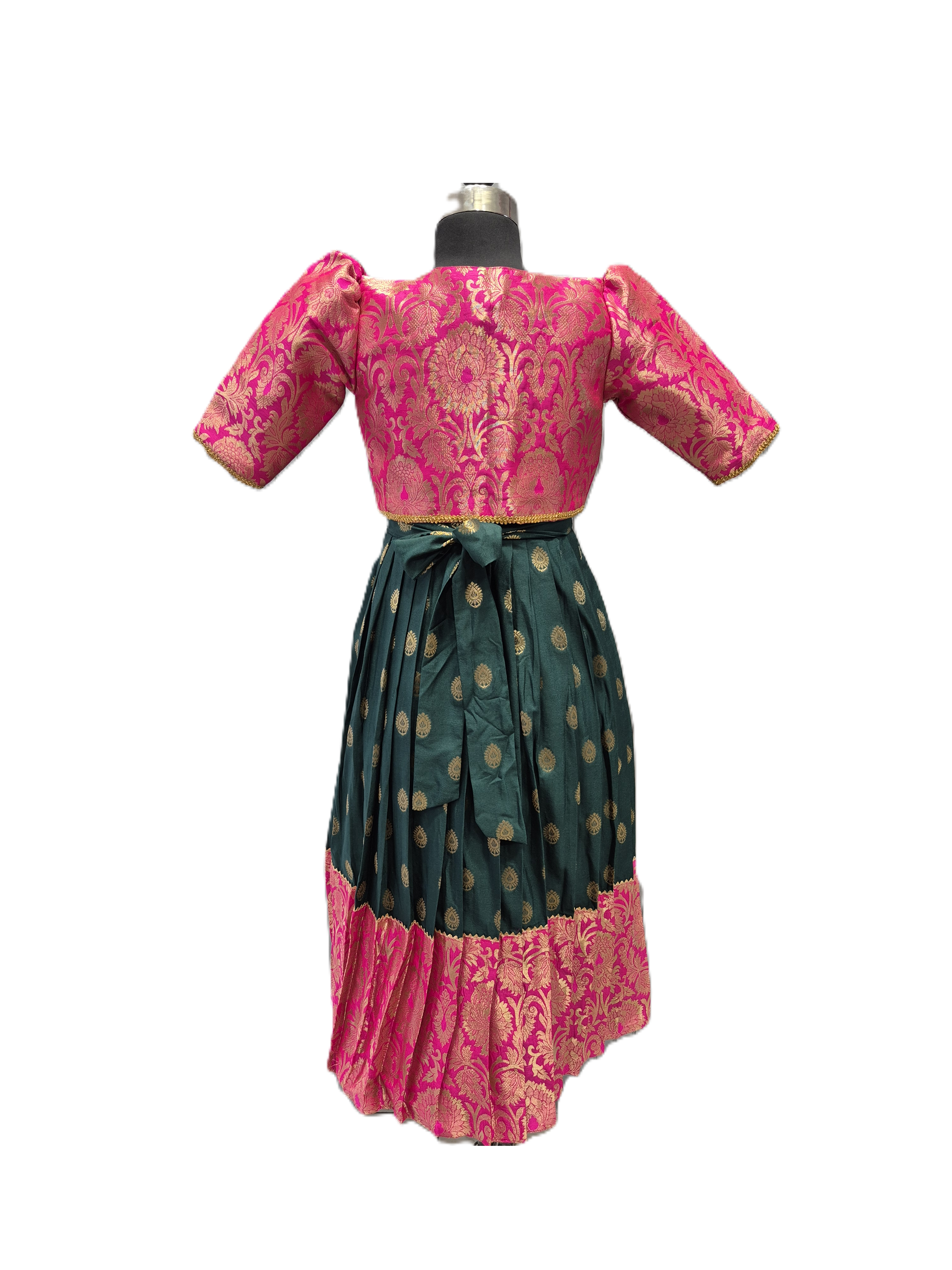 Girls' Designer Bottle Green Silk dress Set with Removable Pink Brocade Jacket