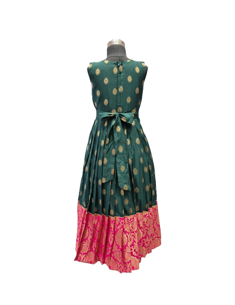 Girls' Designer Bottle Green Silk dress Set with Removable Pink Brocade Jacket