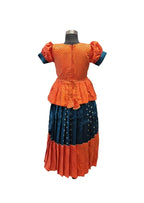 Girls' Teal & Orange Silk Peplum Lehenga Set with Gold Butti and Tiered Tassels
