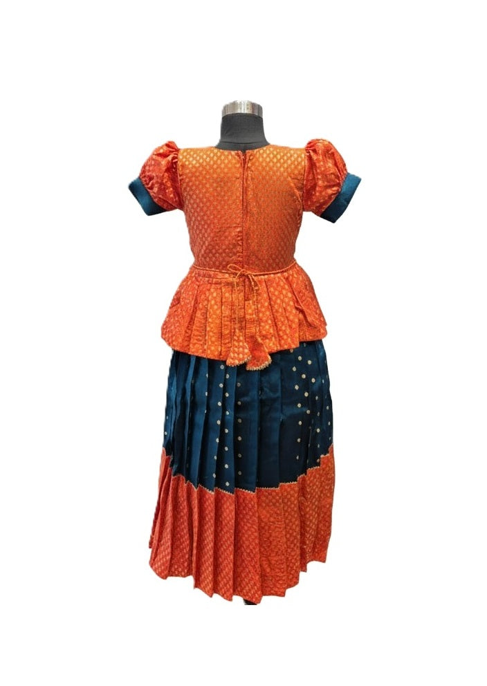 Girls' Teal & Orange Silk Peplum Lehenga Set with Gold Butti and Tiered Tassels