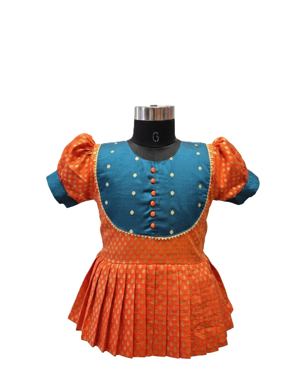 Girls' Teal & Orange Silk Peplum Lehenga Set with Gold Butti and Tiered Tassels
