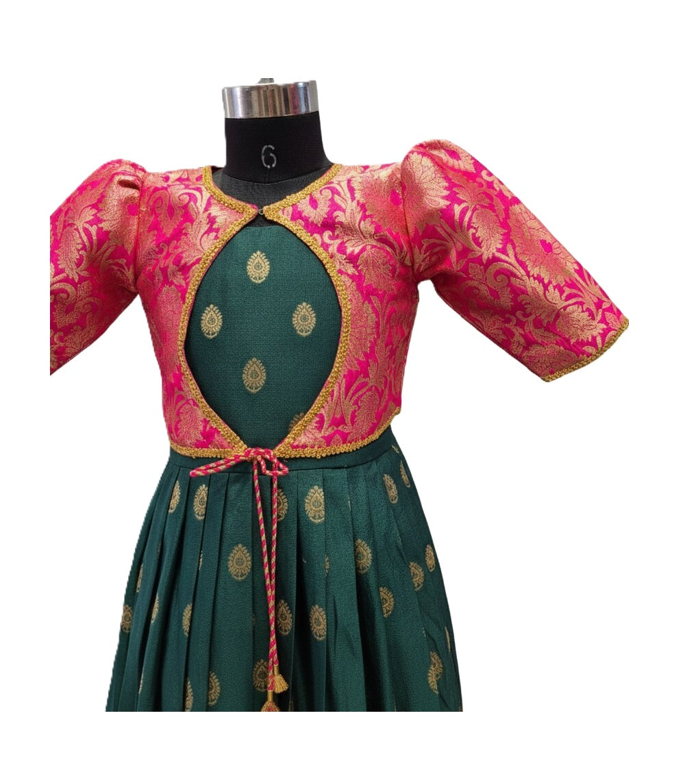 Girls' Designer Bottle Green Silk dress Set with Removable Pink Brocade Jacket