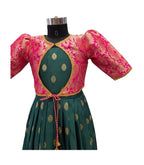 Girls' Designer Bottle Green Silk dress Set with Removable Pink Brocade Jacket